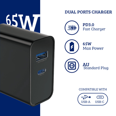 65W PD3.0+QC3.0 Fast Charging Adapter: Power Up Your Devices Faster - Black